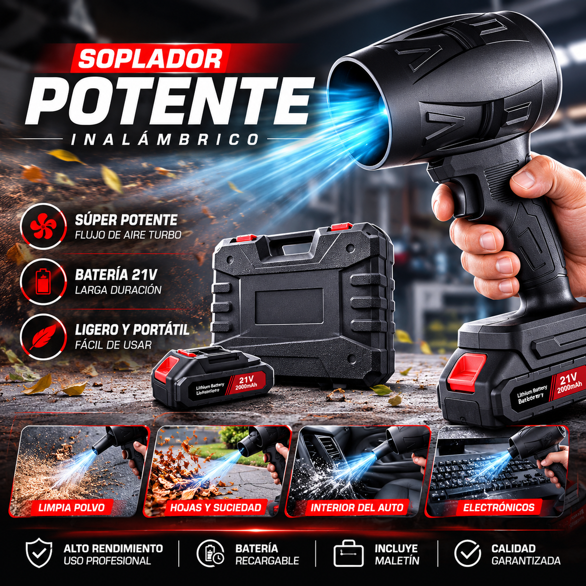 Kit soplador de aire potente – maletín + 2 baterías