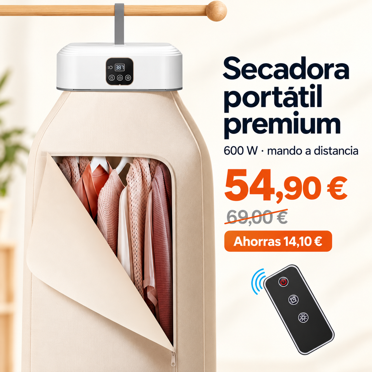Secadora de ropa premium 600 W | Secado rápido y compacto