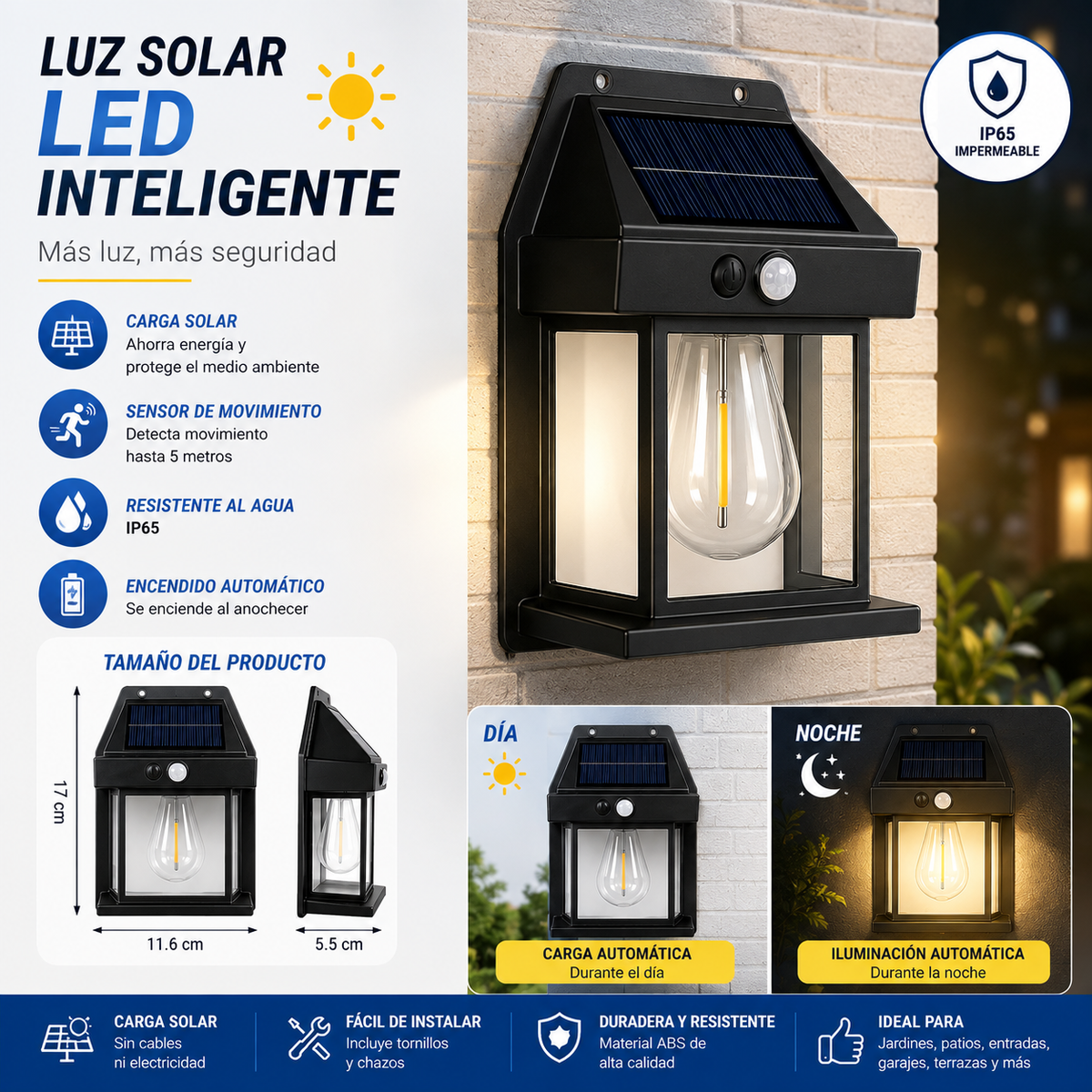 Lámpara solar con sensor de movimiento – sin cables