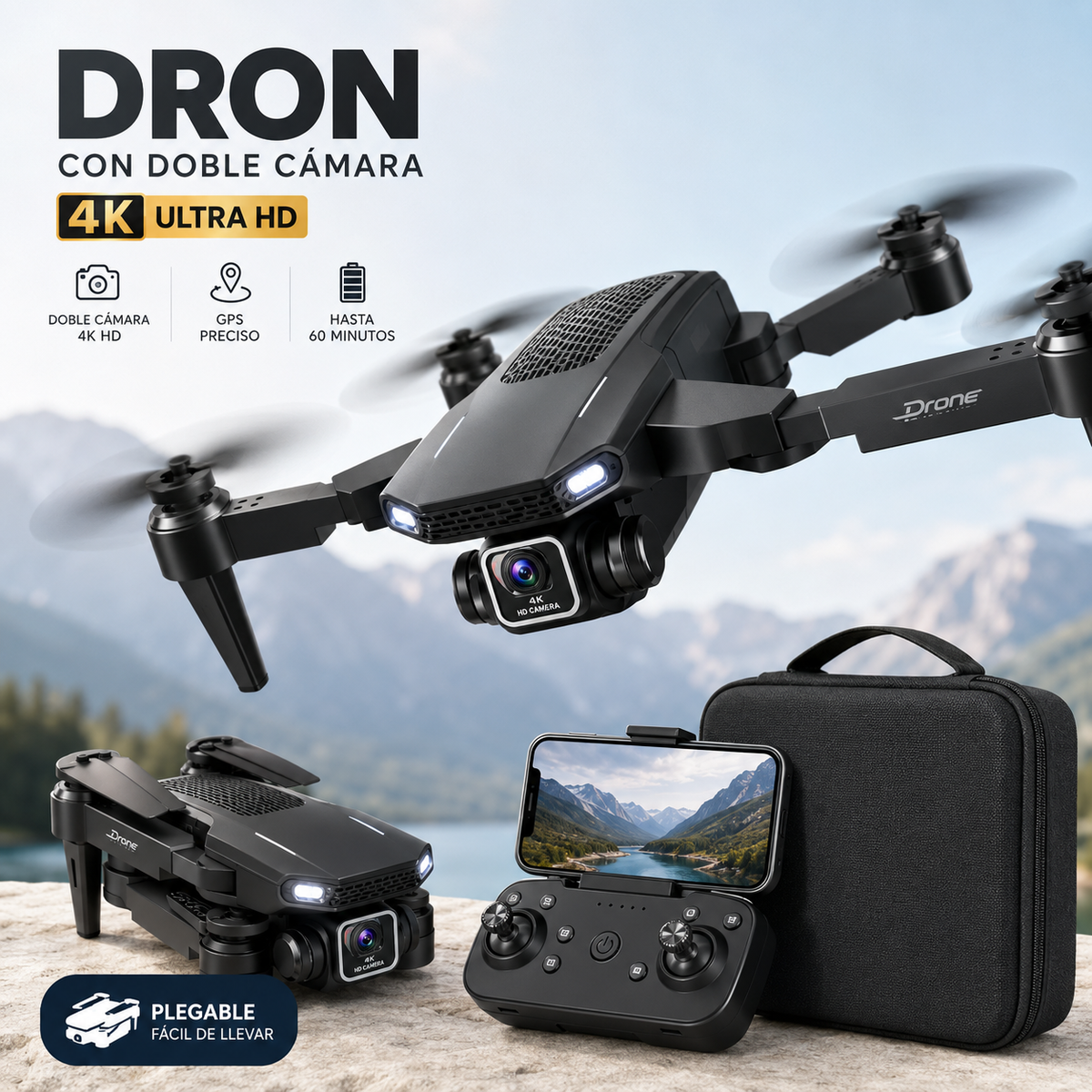 Mini dron con doble cámara 4K + maletín